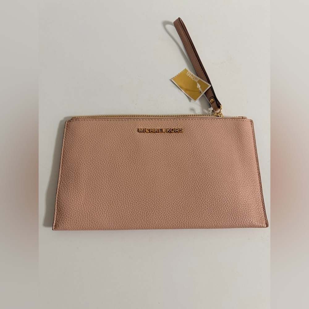 MICHAEL KORS JET SET TRAVEL XL CLUTCH WRISTLET PEBBLED LEATHER PINK BLOSSOM